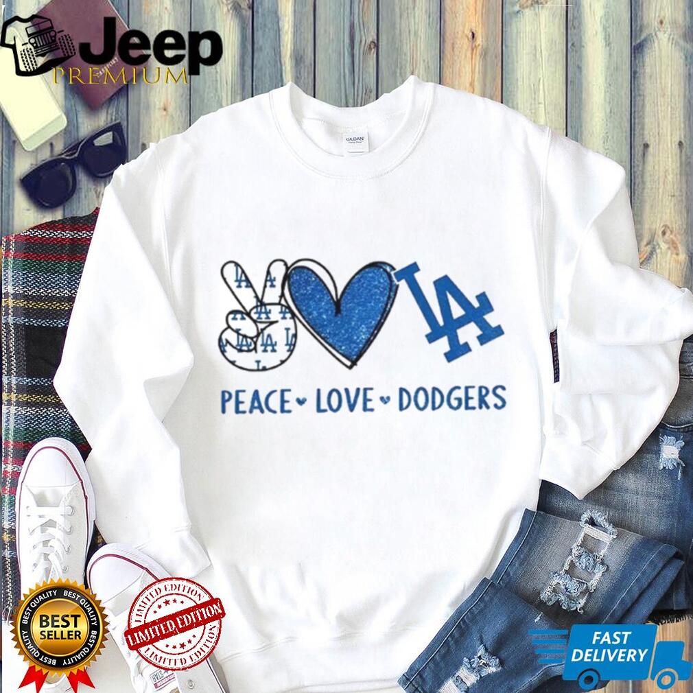 Los Angeles Dodgers Peace Love Dodgers MLB Baseball Blue Sparkle T Shirt
