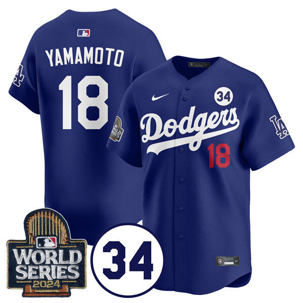 Los Angeles Dodgers #18 Yoshinobu Yamamoto Royal 2024 World Series With No. 34 Patch