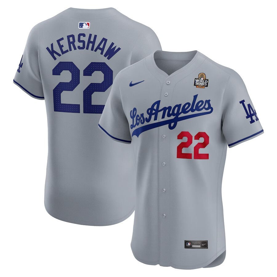 Los Angeles Dodgers #22 Clayton Kershaw 2024 World Series Road Elite Player Jersey - Gray