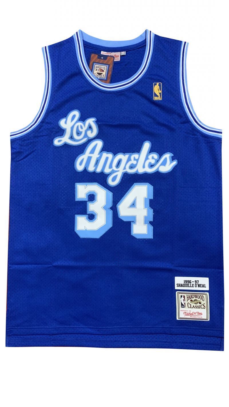 Los Angeles Lakers #34 Shaquille ONeal Lakers 34 # O'Neal 1996-97 Gold Logo Classic Retro Premium Mesh Jersey Style 2