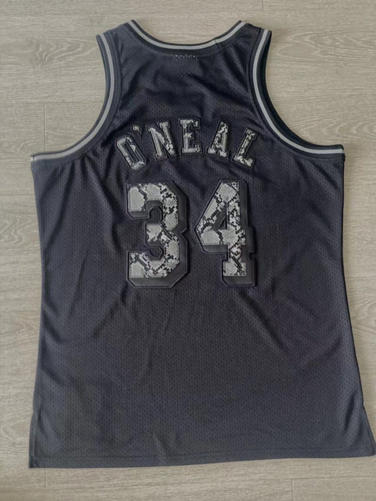 Los Angeles Lakers #34 Shaquille O'Neal 1996-97 Leather Snakeskin Lakers 34 # O'Neal Black Embroidered Style 2