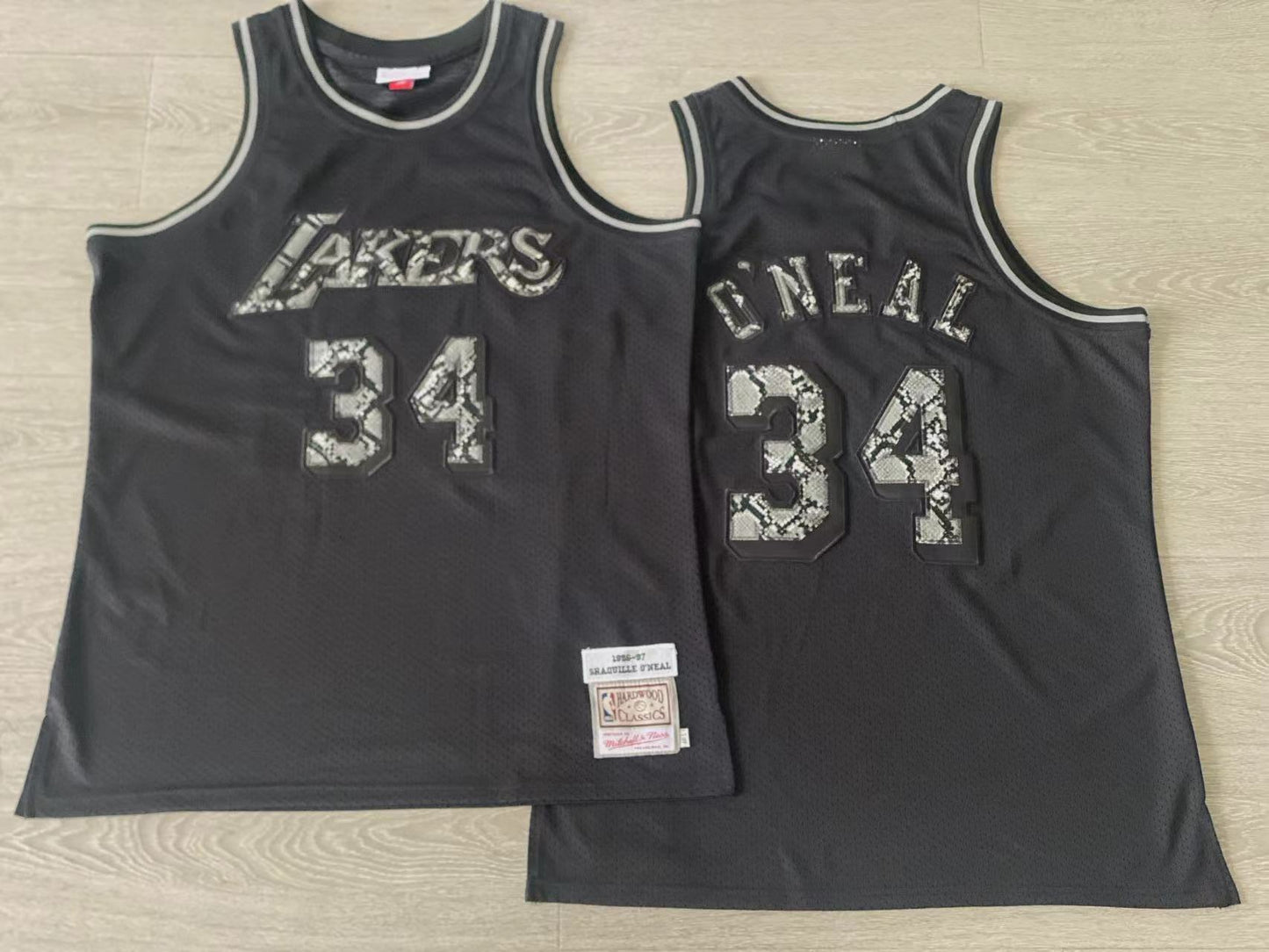 Los Angeles Lakers #34 Shaquille O'Neal 1996-97 Leather Snakeskin Lakers 34 # O'Neal Black Embroidered Style 3