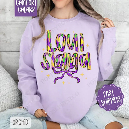 Louisiana Bow Comfort Colors Sweatshirt, Coquette Mardi Gras Bow Women's Crewneck, Holiday Women's Sweater
