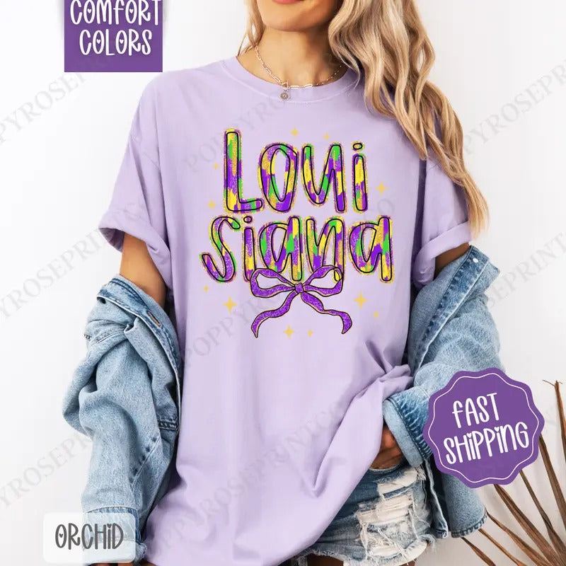 Louisiana Bow Comfort Colors, Coquette Mardi Gras Bow Women's Tee, Holiday Women's Tshirt