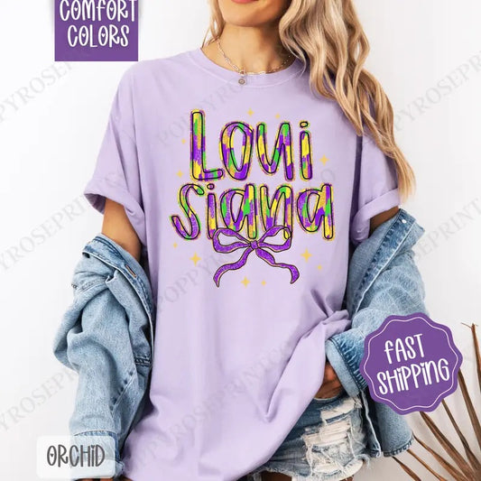 Louisiana Bow Comfort Colors, Coquette Mardi Gras Bow Women's Tee, Holiday Women's Tshirt