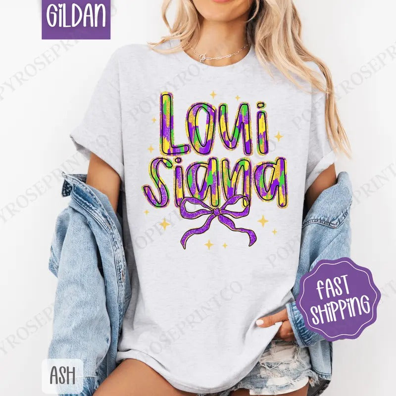 Louisiana Bow Shirt Gildan, Coquette Mardi Gras Bows Women's Tee, Holiday Women's Tshirt Plus Sizes