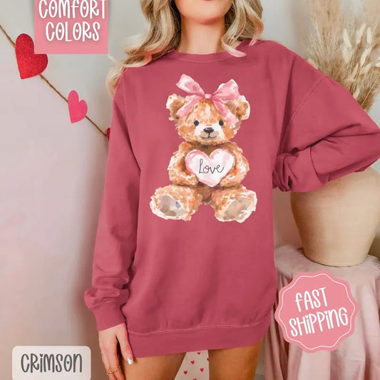 Love Teddy Bear Comfort Colors Sweatshirt, Valentine's Day Women's Crewneck, Holiday Women's Sweater