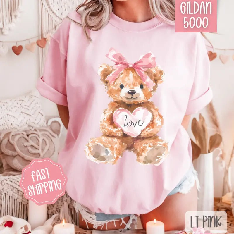 Love Teddy Bear Shirt Gildan, Valentine's Day Women's Tee, Holiday Women's Tshirt Plus Sizes