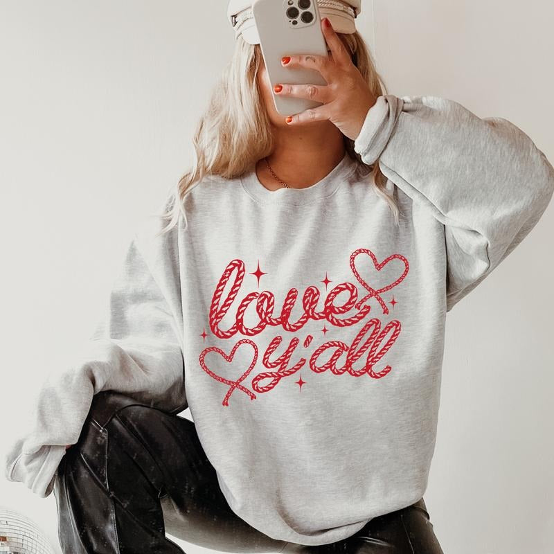 Love Y'all Western Crewneck, Retro Cotton, Crewneck Fashion Fit Sleeve Comfortable Cute, CASUAL COTTON CREWNECK HOODIE, WOMENS SWEATSHIRT Womenswear Athletic Basic Day Long Sleeves Mama