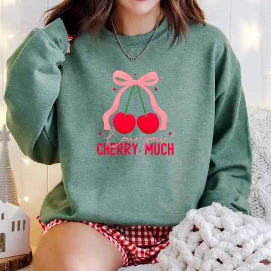 Love You Cherry Much Valentines Printed Sweatshirt, Cherry Heart Sweatshirt, Valentines Comfort Colors T Shirt, Good Vibes Gift Sweatshirt Full Color Print