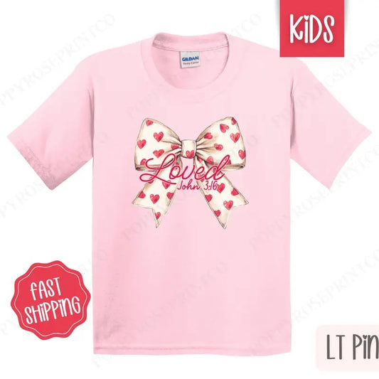 Loved Bow Kids Shirt - Valentine's Day Children's Tshirt - Youth Holiday Tee Gildan