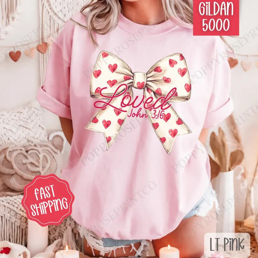 Loved Bow Shirt Gildan, Valentine's Day Women's Tee, Holiday Women's Tshirt Plus Sizes