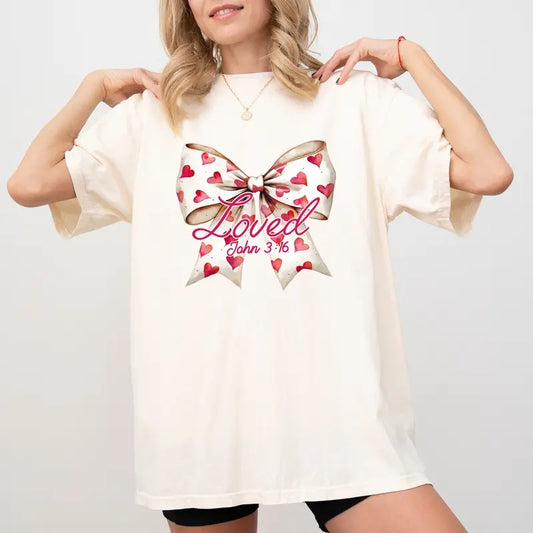 Loved John 3:16 Comfort Colors Shirt, Bible Verse Graphic Tee, Christian Coquette Bow Unisex Tees, Valentine's Day Women T-shirt