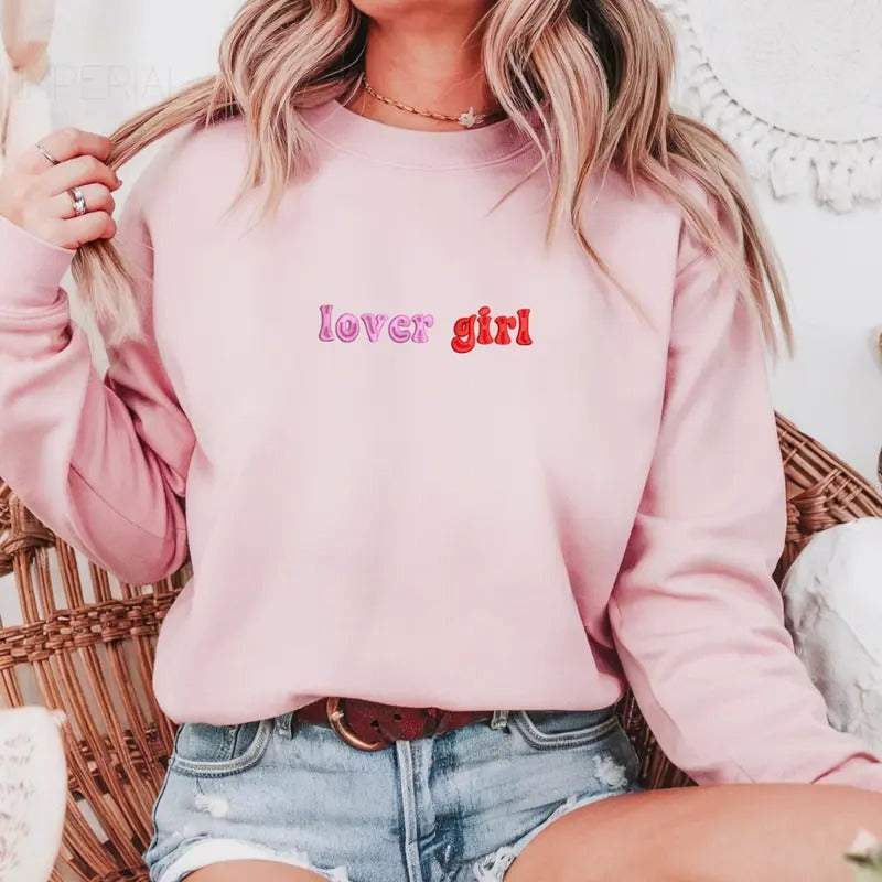 Lover Girl Embroidered Sweatshirt, Valentines Day  Sweatshirt, Valentines Sweater, Comfort Colors Embroidered T-Shirt EMB