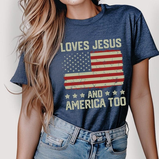 Loves Jesus and America Too t shirt Spiritual women tee Religions print tshirt Gifts for religious friends Love like...