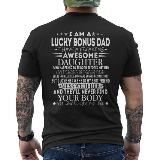 Lucky Bonus Dad From Awesome Daughter Shirt, Father's Day Men's T Shirt Back Print, Gift For Stepfather, Unisex Short Sleeve Tee, Casual Clothing