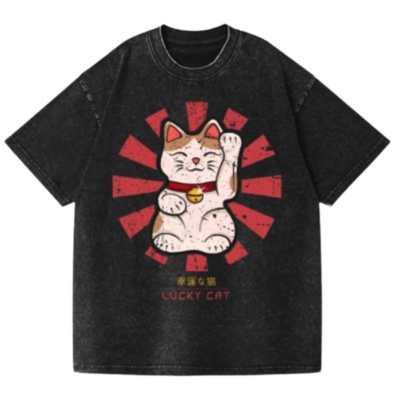 Lucky Cat Vintage Wash Japanese Design T-Shirt, Womenswear Top Comfort Streetwear Summer