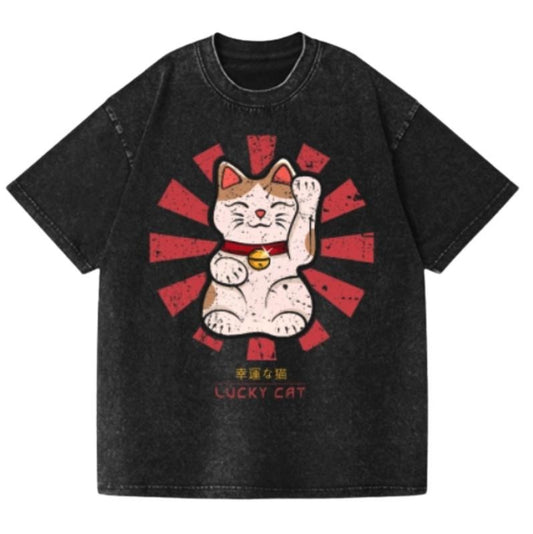 Lucky Cat Vintage Wash Japanese Design T-Shirt, Womenswear Top Comfort Streetwear Summer