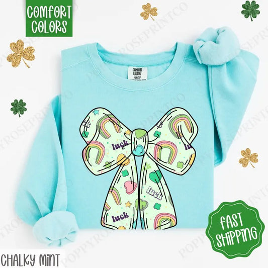 Lucky Charm Bow St Patrick Comfort Colors Sweatshirt, St Patrick's Day Women's Crewneck, Cute Women's Sweater