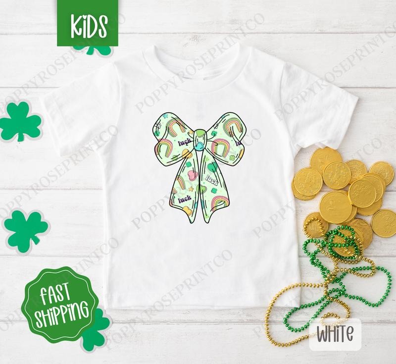Lucky Charm Bow St Patrick Kids Shirt - St Patrick's Day Children's Tshirt - Cute Youth Tee Gildan