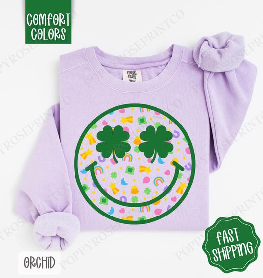 Lucky Charm Smiley Face Comfort Colors Sweatshirt, St Patrick's Day Women's Crewneck, Cute Women's Sweater