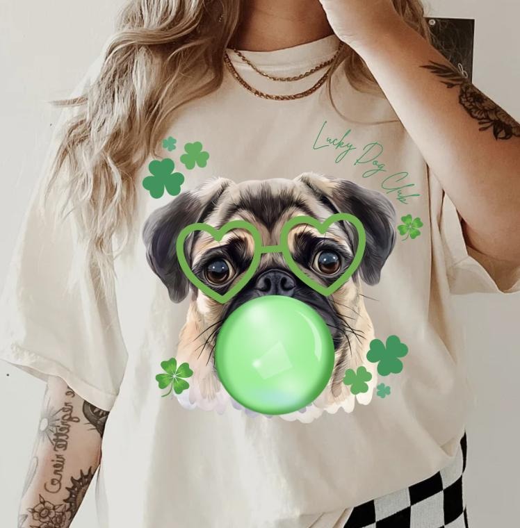 Lucky Dog Pug Shirt ~ Unisex Apparel Relaxed Fit Printed In The USA Clothing Womenswear Casual Comfort Cotton Top Athletic Boho Chic
