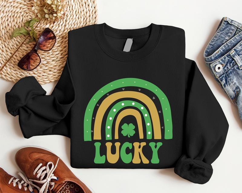 Lucky Rainbow Sweatshirt, St Patrick Hoodie, Unisex Clover Long Sleeve, Lucky Vibes Sweatshirt, Green Rainbow Hoodie.