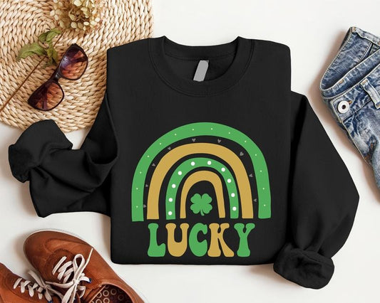 Lucky Rainbow Sweatshirt, St Patrick Hoodie, Unisex Clover Long Sleeve, Lucky Vibes Sweatshirt, Green Rainbow Hoodie.