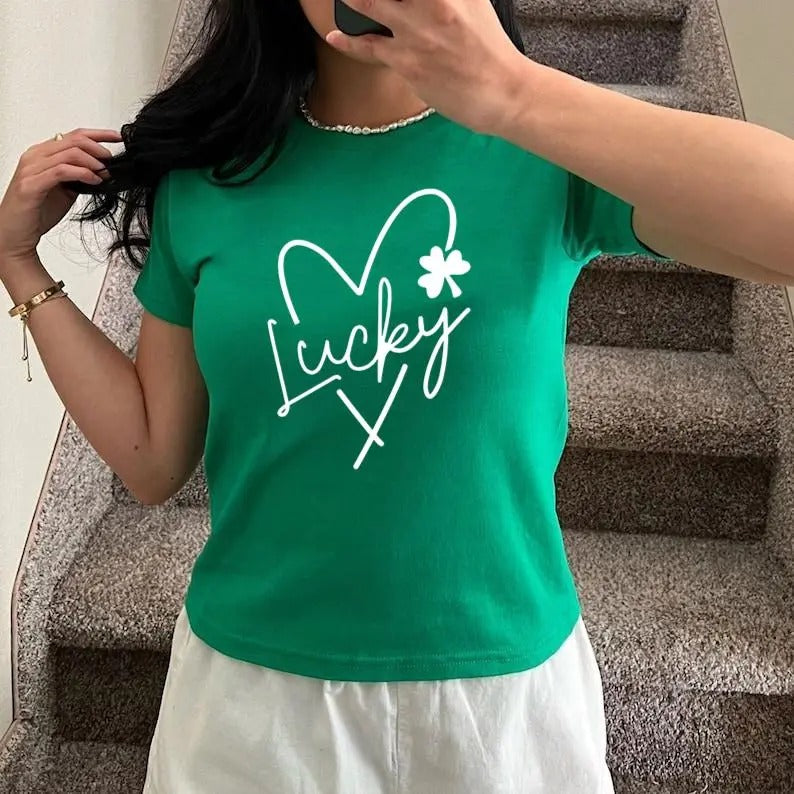 Lucky St Patrick's Day Crewneck Lucky Heart Shamrock Baby Tee, Saint Patrick's Day, St Patrick's Day, Cute Style For Holiday's, Streetwear Style
