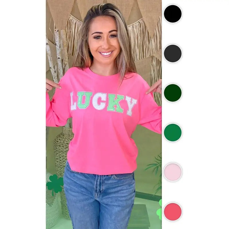 Lucky St Patricks Day Sequin Graphic Long Sleeve Shirt Hoodie, Sweatshirt | WearSparks.com