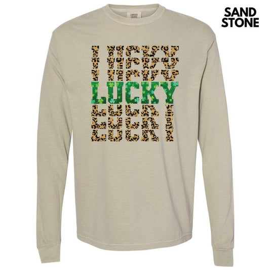 Lucky Stacked Leopard Long Sleeve Comfort Colors T-Shirt Hoodie, Sweatshirt | WearSparks.com