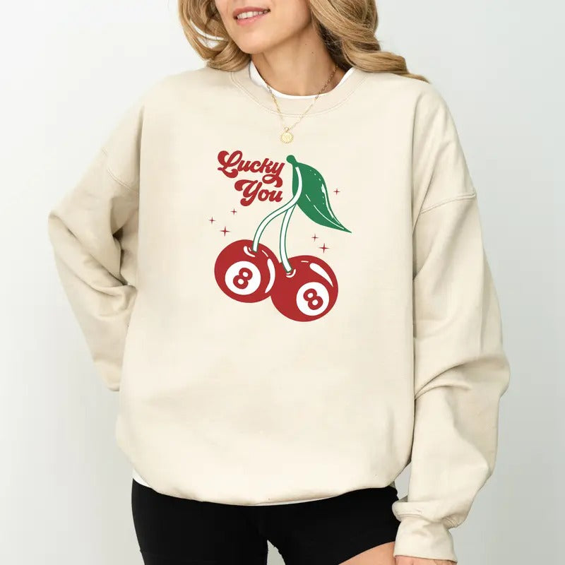 Lucky You Vintage Cherry 8 Ball Sweatshirt, Feeling Lucky Coquette 8 Ball Billiard  Sweater, Unisex Apparel, Cherry 80s Crewneck, Billiard Lovers Long Sleeve Pullover, OOTD, Women's Top, Womenswear, Soft Cozy Fabric Sweatshirt