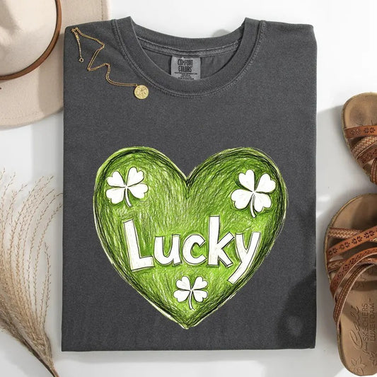 Lucky, Sketched Heart, St Patrick's Day, Shamrock, Clover, Lucky, Leprechaun Tshirt, Women's Comfort Colors Tee