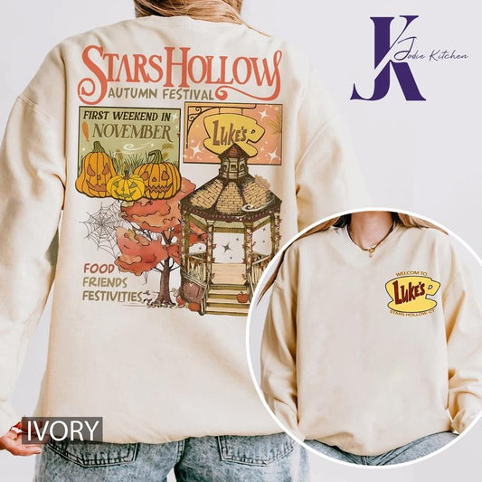 Luke's Stars Hollows 2-Side Comfort Color Shirt, Autumn Festival Shirt, Stars Hollow First Weekend of November, Retro Style Lukes Diner Sweatshirt Crewneck Womenswear
