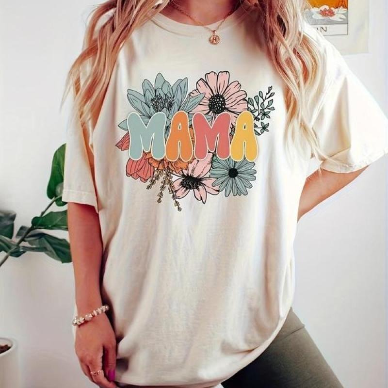 Women's Plain / "MAMA" Floral & Letter Print Round Neck Graphic Tee, Vintage Trendy Casual Drop Shoulder Half Sleeve...