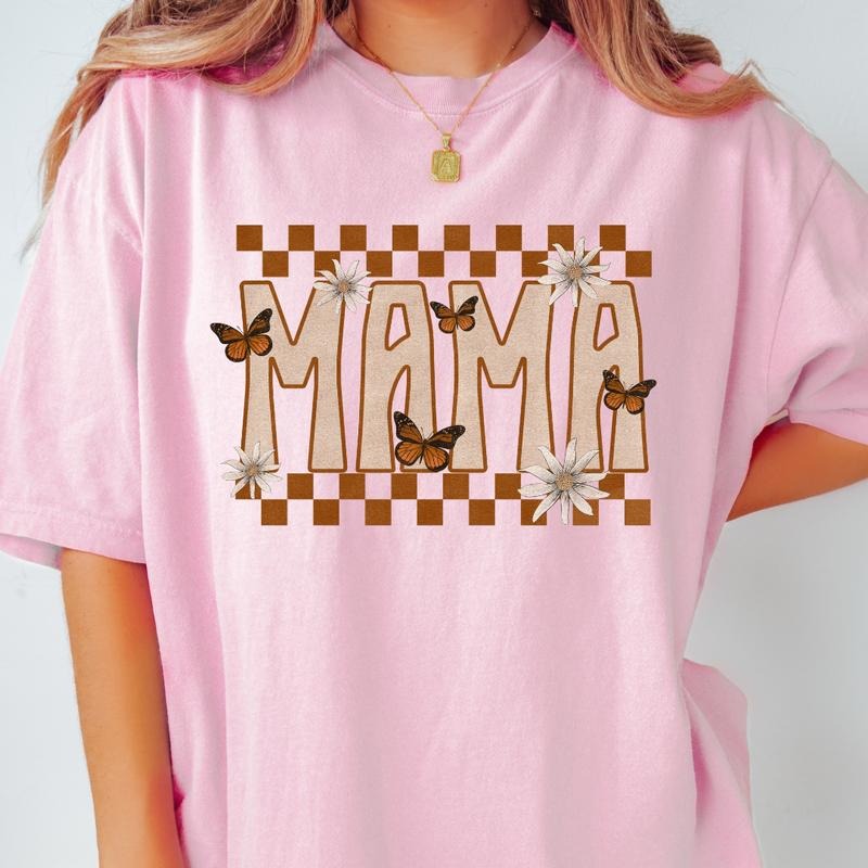 MAMA BUTTERFLY T-SHIRT SHIRT, COMFORT COLORS CASUAL COTTON T-SHIRT FOR MOMS Fabric Top