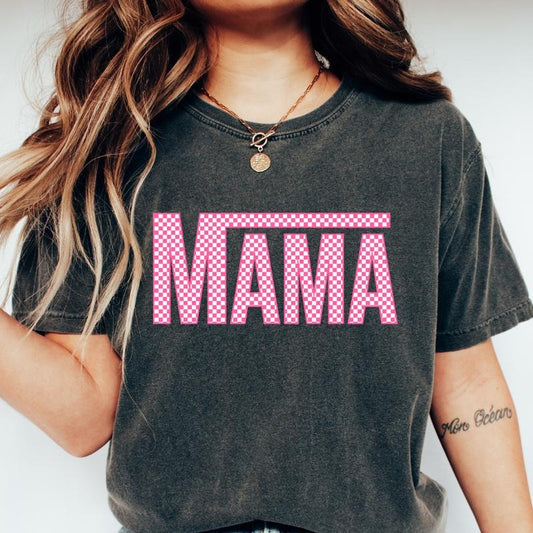 MAMA CHECKERED T-SHIRT Cotton Casual Comfort Colors T-shirt Fabric Top