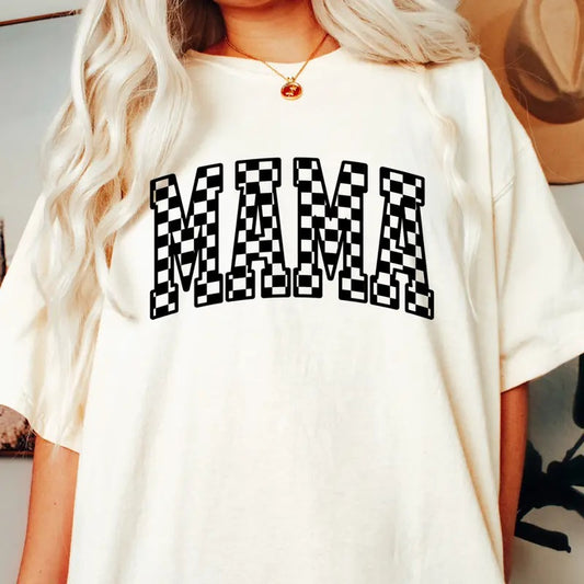 MAMA T-SHIRT RETRO CHECKERED SHIRT, COMFORT COLORS CASUAL COTTON T-SHIRT FOR MOMS Fabric Top Womenswear Garment