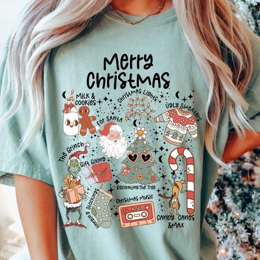MERRY CHRISTMAS DOODLES T-SHIRT (COMFORT COLORS T-SHIRT, CASUAL SHIRT UNISEX, CHRISTMAS CLOTHING, GRAPHIC APPAREL, HOLIDAY SHIRT) Cotton Fabric Womenswear Top Printed Oversized Women