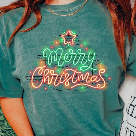 MERRY CHRISTMAS NEON T-SHIRT (COMFORT COLORS T-SHIRT, CASUAL SHIRT UNISEX, CHRISTMAS CLOTHING, GRAPHIC APPAREL, HOLIDAY SHIRT) Cotton Fabric