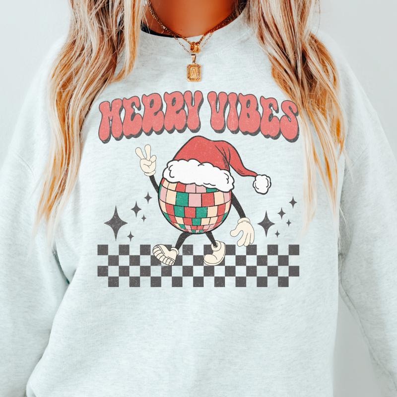 MERRY VIBES DISCO CREWNECK (Crewneck Sweatshirt, Unisex Fit, Causal Sweatshirt for Christmas, Christmas Holiday Sweatshirt) Womenswear Hoodie