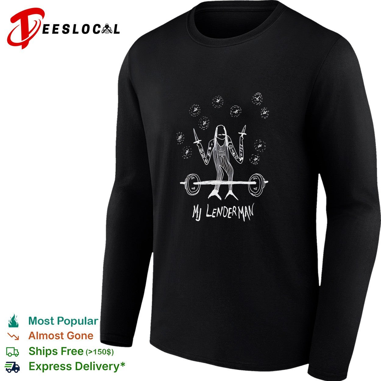 MJ Lenderman holding swords lifting barbell shirt