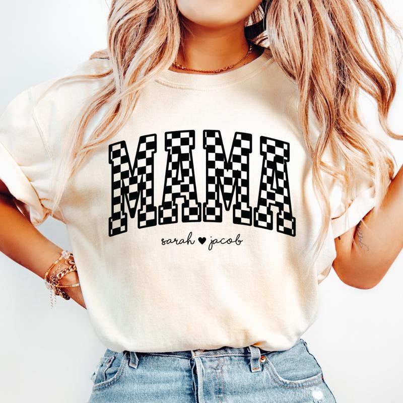 MOTHER'S DAY SHIRT, CUSTOM MAMA NAME SHIRT, CHECKERED MAMA #2 SHIRT, COMFORT COLORS CASUAL COTTON T-SHIRT Fabric Top Womenswear Garment Oversized Printed Underwear Women Tshirt Summer