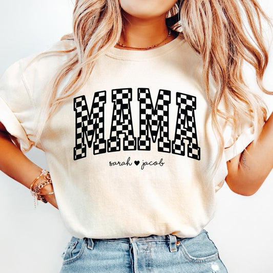 MOTHER'S DAY SHIRT, CUSTOM MAMA NAME SHIRT, CHECKERED MAMA #2 SHIRT, COMFORT COLORS CASUAL COTTON T-SHIRT Fabric Top Womenswear Garment Oversized Printed Underwear Women Tshirt Summer