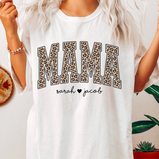 MOTHER'S DAY SHIRT, CUSTOM MAMA SHIRT CHEETAH SHIRT WITH NAMES, LEOPARD MAMA SHIRT, COMFORT COLORS CASUAL COTTON T-SHIRT FOR MOMS Top Womenswear Oversized Printed Tshirt Women Fabric Garment