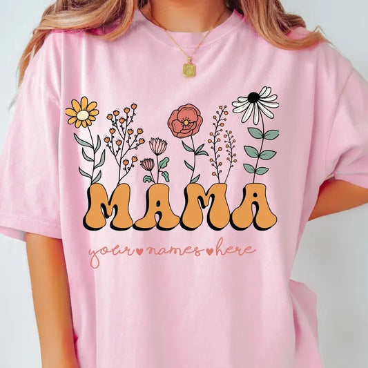 MOTHER'S DAY SHIRT, FLORAL MAMA SHIRT WITH NAMES, CUSTOM MAMA SHIRT, COMFORT COLORS CASUAL COTTON T-SHIRT FOR MOMS Fabric Top