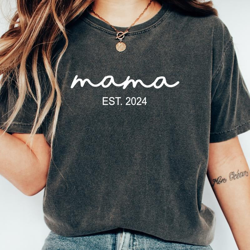 MOTHER'S DAY SHIRT, MAMA CURSIVE EST SHIRT, RETRO MAMA SHIRT, COMFORT COLORS CASUAL COTTON T-SHIRT FOR MOMS Fabric Top Womenswear Garment