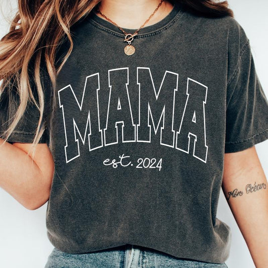 MOTHER'S DAY SHIRT, MAMA VARSITY EST SHIRT, RETRO MAMA SHIRT, COMFORT COLORS CASUAL COTTON T-SHIRT FOR MOMS Fabric Top Oversized Womenswear Women