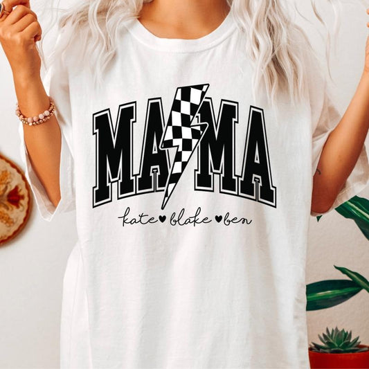 MOTHER'S DAY SHIRT,CUSTOM MAMA SHIRT WITH NAMES, MAMA BOLT NAME SHIRT, MAMA T-SHIRT RETRO CHECKERED SHIRT, COMFORT COLORS CASUAL COTTON T-SHIRT FOR MOMS Fabric Top Womenswear Garment Oversized Printed Women Tshirt