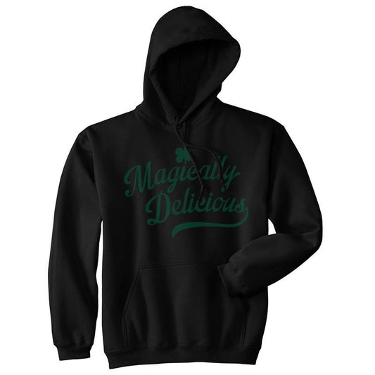 Magically Delicious Hoodie Funny Lucky Irish Clover Hooded Sweatshirt Funny Hoodies Saint Patrick's Day Hoodie Novelty Sweatshirt Black -